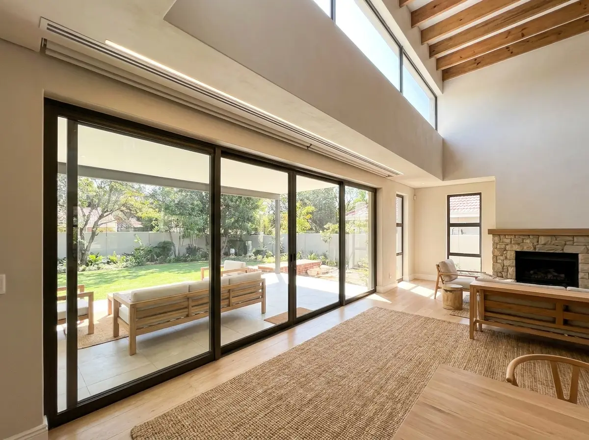Concealed recessed blind tucked into a slim ceiling recess above a wide glass sliding door in a Dunkeld living room, hardware fully hidden