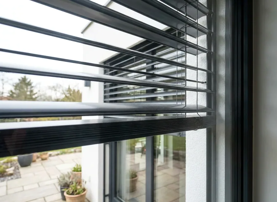 External venetian blinds fitted to tall casement windows on a Dunkeld home facade