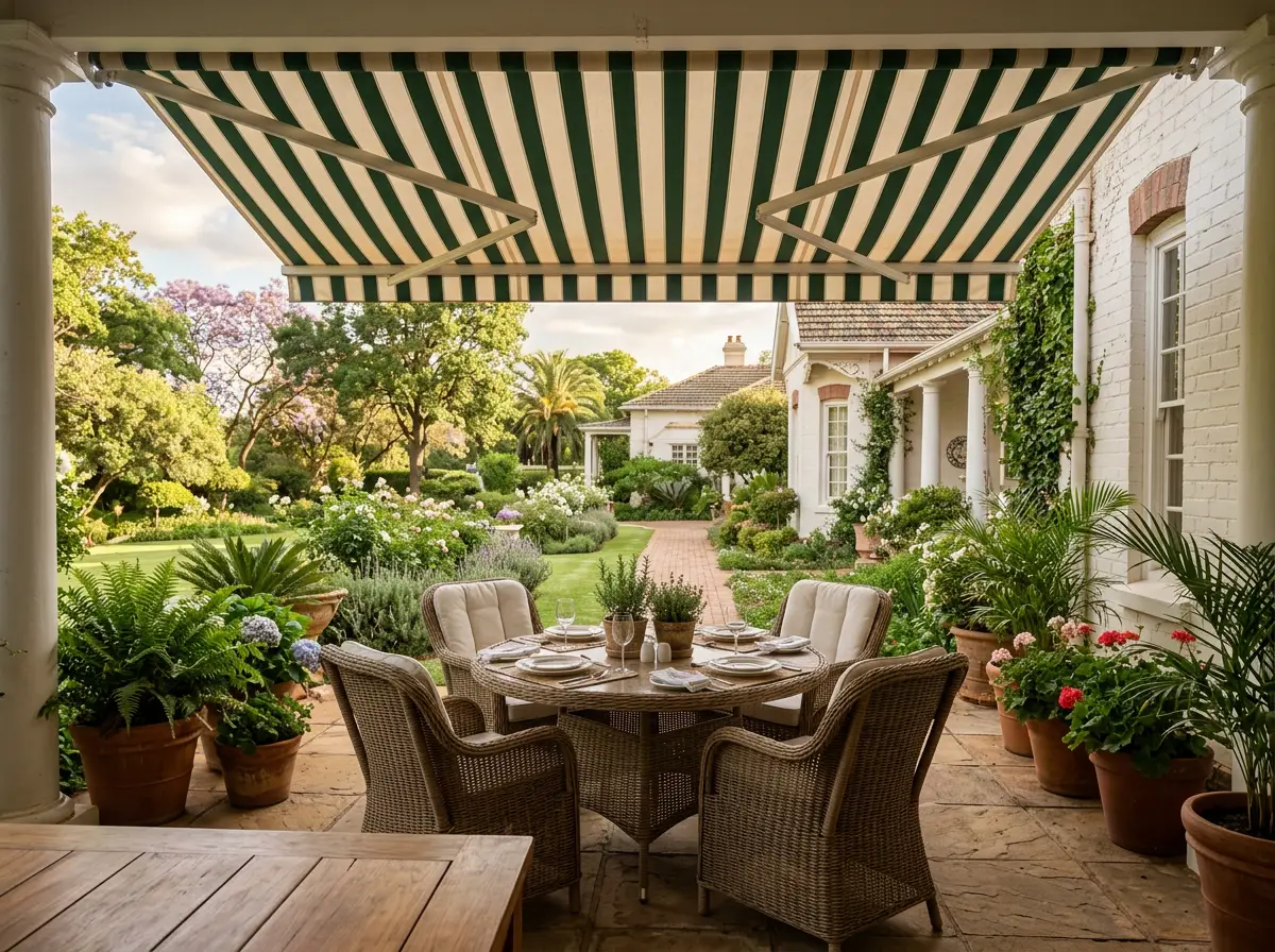 Covered outdoor dining terrace shaded by a fully extended folding-arm awning at a Dunkeld heritage-manor style home