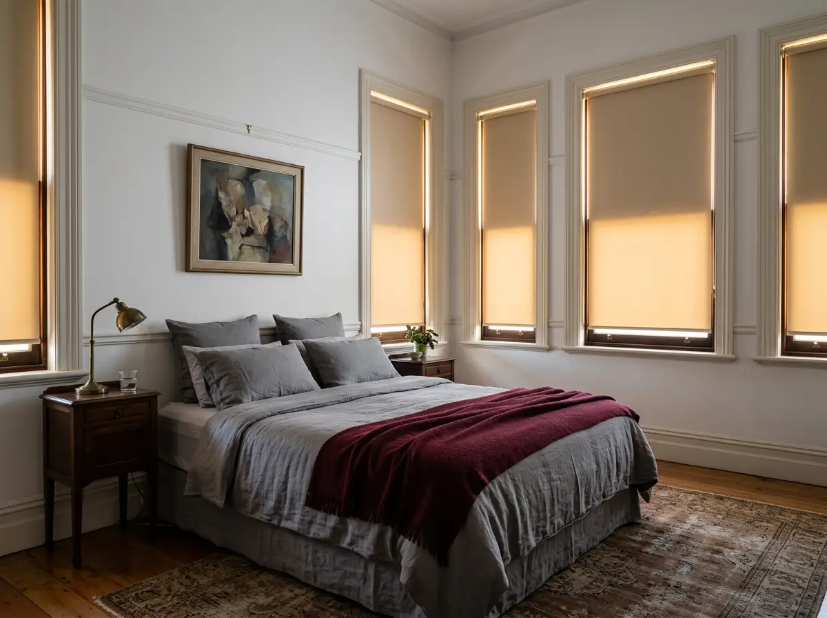 Dunkeld bedroom with blockout blinds in soft almond tones and textured natural light