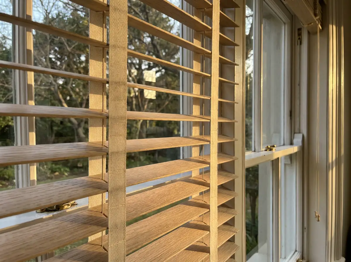 Close-up of pale oak timber venetian slats and cotton ladder tape against a heritage sash window frame, warm late-afternoon light